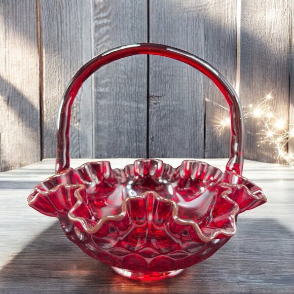 Fenton Ruby Red Glass Basket Bowl Ruffled Edge Amberina Vintage Decor - Picture 2 of 16